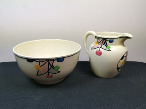 Vintage Art Deco Bowl and Milk Jug Pitcher Set Hand Painted 1920's Original Ceramic Pottery