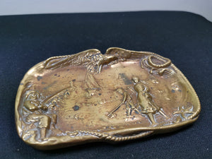 Antique Pin or Jewelry Dish Tray with Nautical Relief Bronze Metal Victorian 1800's Original Fisherman Fishwife and Boat on the Ocean