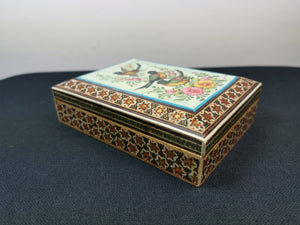 Vintage Jewelry or Trinket Box Wood with Hand Painted Birds and Flowers on Top Wooden