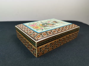 Vintage Jewelry or Trinket Box Wood with Hand Painted Birds and Flowers on Top Wooden