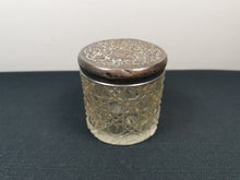 Load image into Gallery viewer, Antique Clear Cut Glass Jar with Silver Relief Top Lid Vanity Victorian Late 1800&#39;s Original
