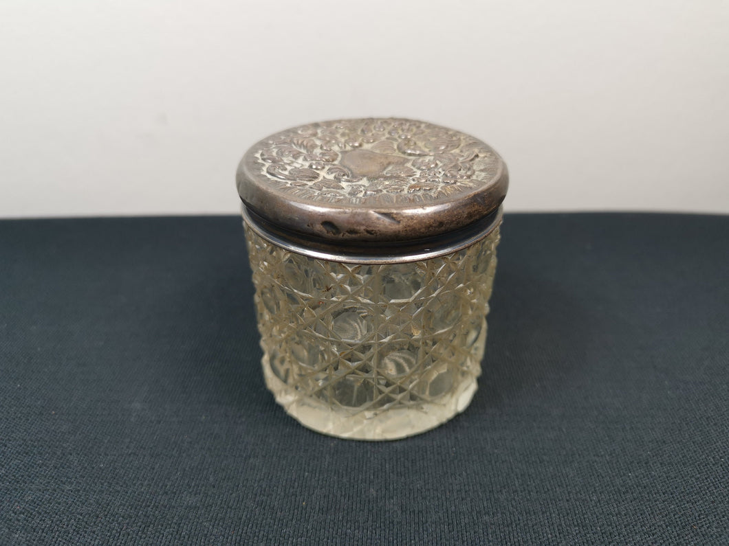 Antique Clear Cut Glass Jar with Silver Relief Top Lid Vanity Victorian Late 1800's Original