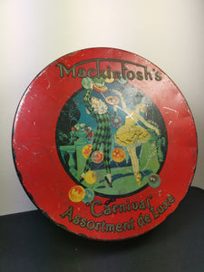 Vintage Tin Box Carnival Toffee Round with Pierrot Circus Clown and Ballerina Lithograph Art Deco 1920's - 1930's Original Advertising