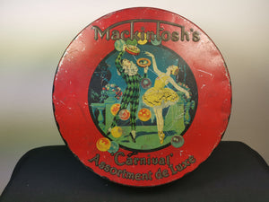 Vintage Tin Box Carnival Toffee Round with Pierrot Circus Clown and Ballerina Lithograph Art Deco 1920's - 1930's Original Advertising