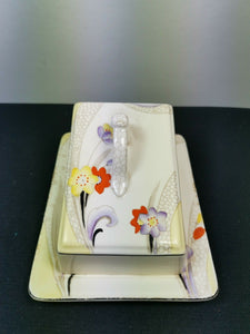 Vintage Butter or Cheese Dish Art Deco Ceramic Pottery 1920's - 1930's Original White with Painted Flowers