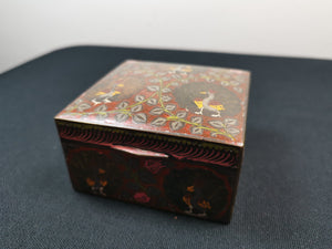 Vintage Trinket or Jewelry Box Brass and Enamel Lined with Wood with Hand Etched and Painted Peacock Birds 1920's - 1930's
