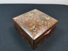 Load image into Gallery viewer, Vintage Trinket or Jewelry Box Brass and Enamel Lined with Wood with Hand Etched and Painted Peacock Birds 1920&#39;s - 1930&#39;s
