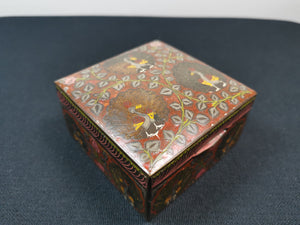 Vintage Trinket or Jewelry Box Brass and Enamel Lined with Wood with Hand Etched and Painted Peacock Birds 1920's - 1930's