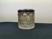 Load image into Gallery viewer, Antique Clear Cut Glass Jar with Silver Relief Top Lid Vanity Victorian Late 1800&#39;s Original
