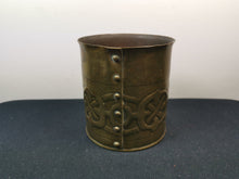Load image into Gallery viewer, Antique Vase Planter Plant Pot Jar Celtic Knot Arts and Crafts Art Nouveau Trench Art Tooled Hammered Brass Metal Hand Made
