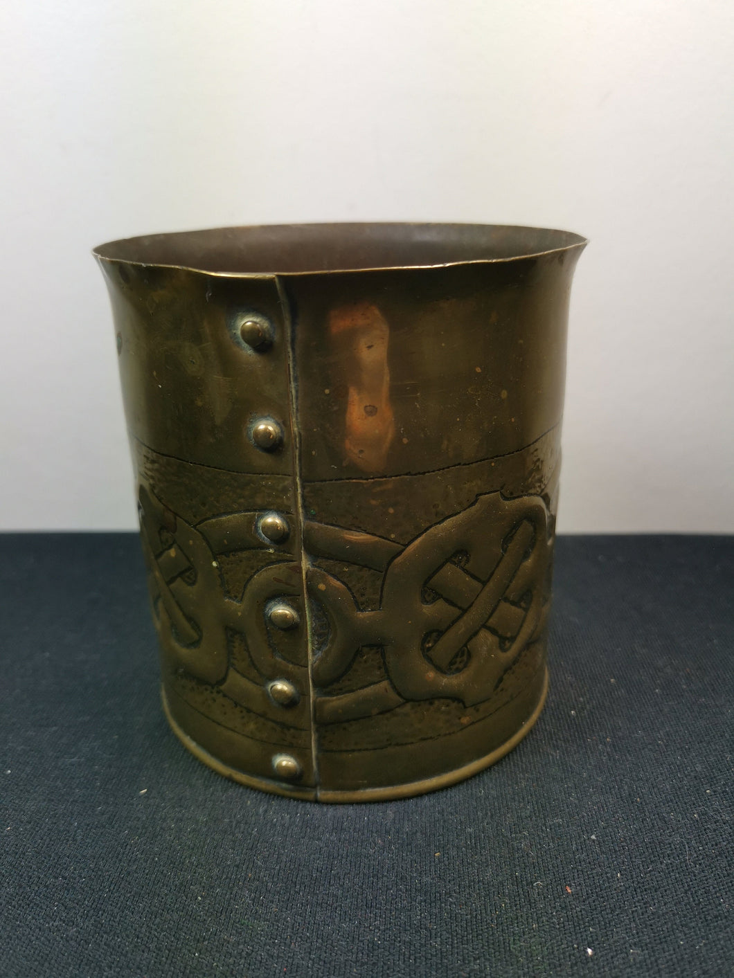 Antique Vase Planter Plant Pot Jar Celtic Knot Arts and Crafts Art Nouveau Trench Art Tooled Hammered Brass Metal Hand Made