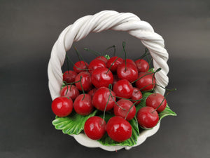 Vintage Ceramic Basket of Cherries Red and White Studio Art Pottery Sculpture Mid Century 1950's - 1960's Original with Wire Cherry Stems