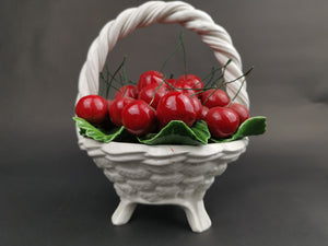 Vintage Ceramic Basket of Cherries Red and White Studio Art Pottery Sculpture Mid Century 1950's - 1960's Original with Wire Cherry Stems
