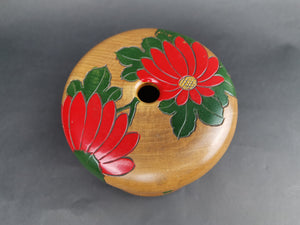 Vintage String Holder Box Carved Wood with Red Flowers 1950's Wooden for Yarn Twine String or Cord