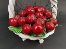 Load image into Gallery viewer, Vintage Ceramic Basket of Cherries Red and White Studio Art Pottery Sculpture Mid Century 1950&#39;s - 1960&#39;s Original with Wire Cherry Stems
