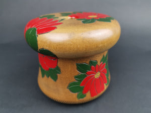 Vintage String Holder Box Carved Wood with Red Flowers 1950's Wooden for Yarn Twine String or Cord