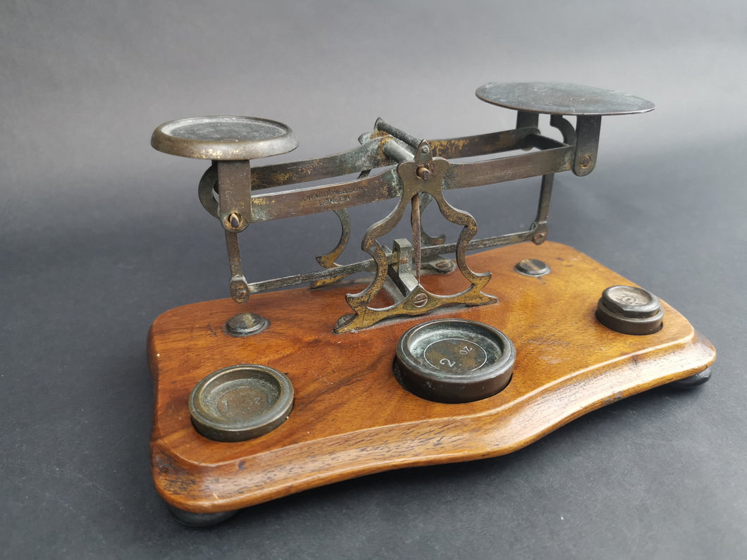 Antique Postal Scales Wood and Brass with Original Weights Set John Cooke and Sons Late 1800's Original Weight Scale