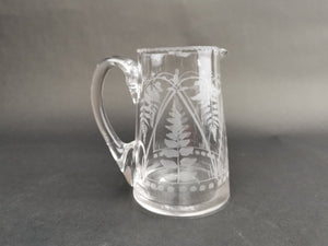 Antique Milk Jug Cream Pitcher Creamer Clear Etched Engraved Crystal Glass with Ferns and Flowers Late 1800's - Early 1900's