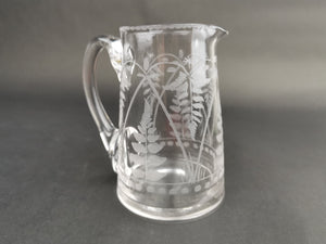 Antique Milk Jug Cream Pitcher Creamer Clear Etched Engraved Crystal Glass with Ferns and Flowers Late 1800's - Early 1900's