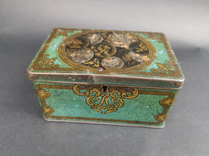 Antique Tin Money Box Savings Bank Advertising Lyon's Tea with British Coins on Top Green Black Gold 1901 Edwardian Original Rare