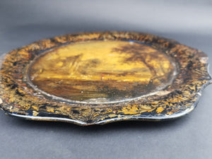 Antique Decorative Tray with Hand Painted Landscape Oil Painting in Center Georgian Late 1700's - Early 1800's Original Paper Mache