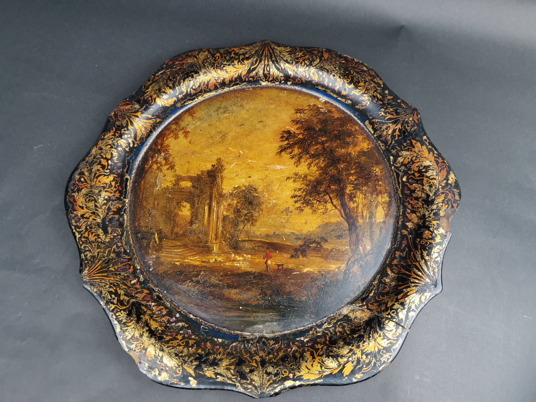 Antique Decorative Tray with Hand Painted Landscape Oil Painting in Center Georgian Late 1700's - Early 1800's Original Paper Mache