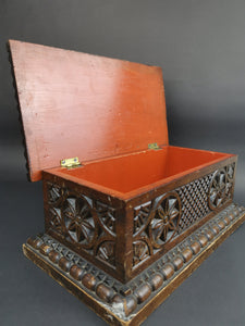 Antique Carved Wood Jewelry Trinket or Sewing Box Storage with Hinged Lid  Late 1800's - Early 1900's Original