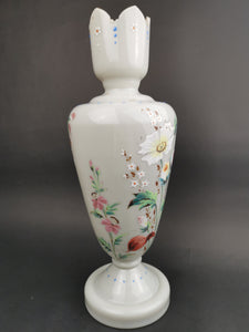 Antique Grey Glass Vase with Hand Painted with Multicolor Flowers and Dragonfly Victorian 1800's Original