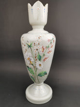 Load image into Gallery viewer, Antique Grey Glass Vase with Hand Painted with Multicolor Flowers and Dragonfly Victorian 1800&#39;s Original
