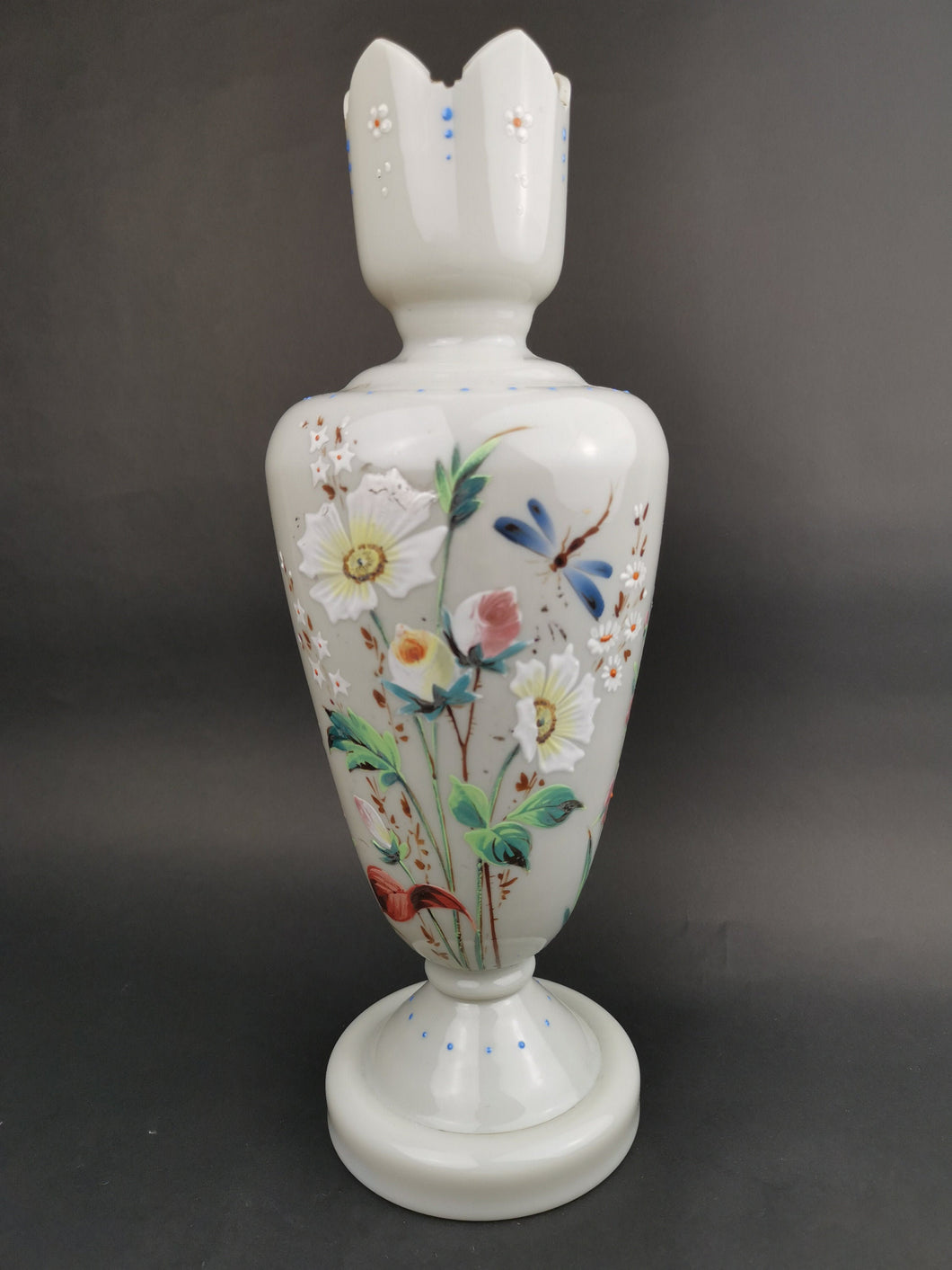 Antique Grey Glass Vase with Hand Painted with Multicolor Flowers and Dragonfly Victorian 1800's Original