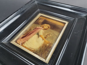 Antique Crystoleum Reverse Painting on Glass Victorian Late 1800's Original Art in Black Wood Frame Girl Picking Flowers Portrait