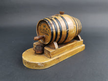 Load image into Gallery viewer, Vintage Miniature Wooden Cask Barrel with Articulated Moving Cup Lembranca De Viana Portugal Wood Bar Advertising Display 1950&#39;s Original
