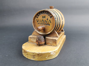 Vintage Miniature Wooden Cask Barrel with Articulated Moving Cup Lembranca De Viana Portugal Wood Bar Advertising Display 1950's Original