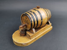 Load image into Gallery viewer, Vintage Miniature Wooden Cask Barrel with Articulated Moving Cup Lembranca De Viana Portugal Wood Bar Advertising Display 1950&#39;s Original
