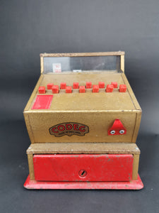 Vintage Toy Cash Register Till Tin Metal 1950's Mid Century Made in England Gold and Red