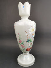 Load image into Gallery viewer, Antique Grey Glass Vase with Hand Painted with Multicolor Flowers and Dragonfly Victorian 1800&#39;s Original
