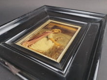 Load image into Gallery viewer, Antique Crystoleum Reverse Painting on Glass Victorian Late 1800&#39;s Original Art in Black Wood Frame Girl Picking Flowers Portrait

