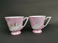 Load image into Gallery viewer, Antique Tea Cups Set of 2 Pink and White Ceramic Porcelain Teacups Souvenir from Leith Edinburgh Scotland Victorian 1800&#39;s
