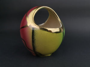 Vintage Ceramic Pottery Basket Bowl Vase Art Pottery Metallic Gold Rainbow 1950's - 1960's Mid Century Modernist Original Yellow Pink Green