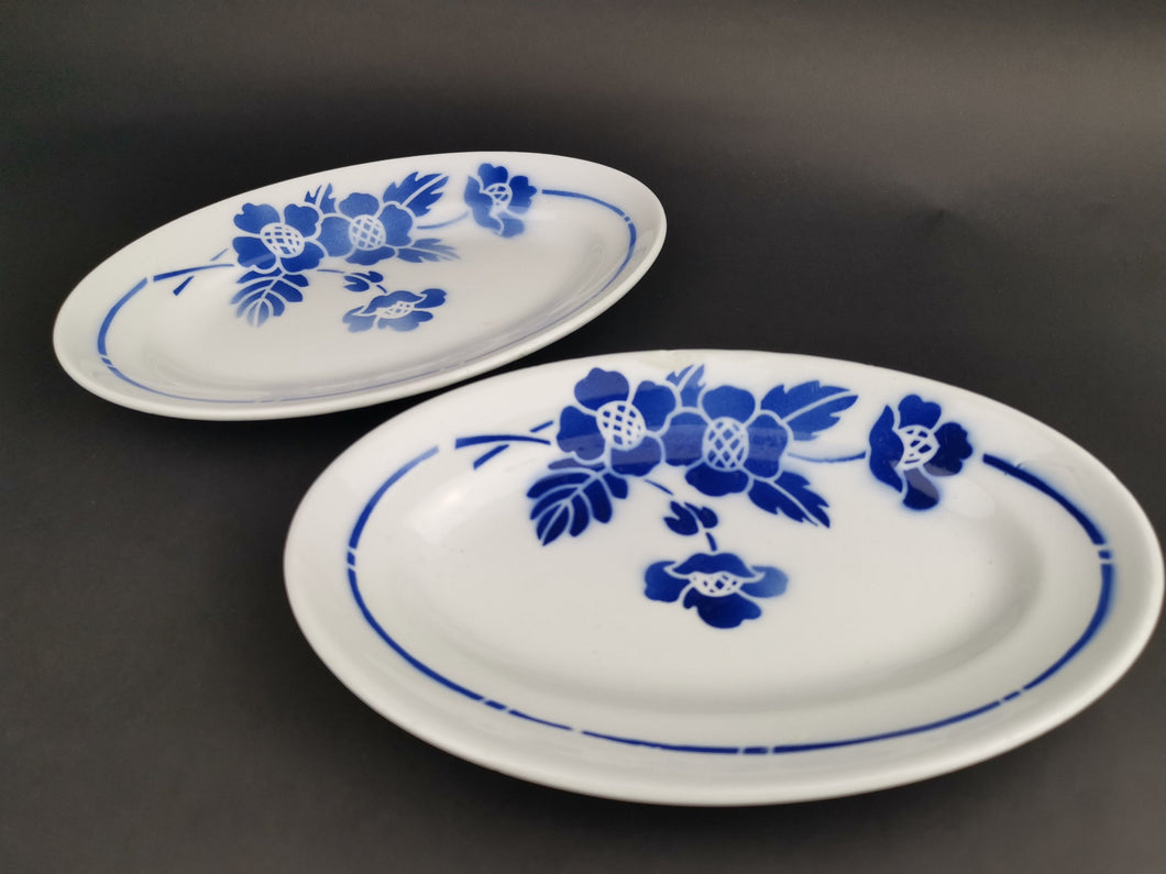 Vintage French Oval Platter Plates Blue and White Ceramic Pottery Set of 2