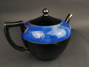 Antique Teapot Tea Pot Ceramic Pottery Blue and Black with Hand Painted Designs Victorian 1800's Redware Original
