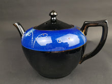 Load image into Gallery viewer, Antique Teapot Tea Pot Ceramic Pottery Blue and Black with Hand Painted Designs Victorian 1800&#39;s Redware Original
