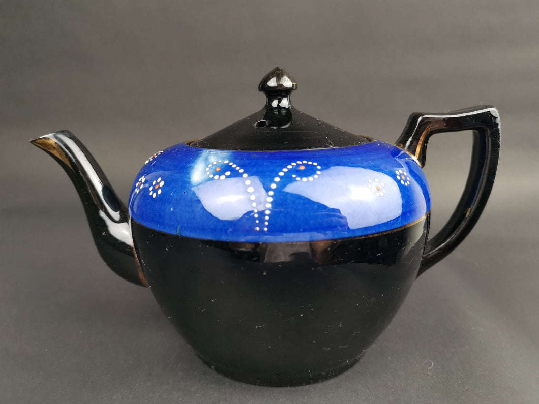 Antique Teapot Tea Pot Ceramic Pottery Blue and Black with Hand Painted Designs Victorian 1800's Redware Original