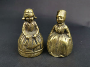 Antique Vintage Hand Bells Dutch Boy and Girl Couple Figurine Pair Set of 2 Solid Brass Early 1900's Original