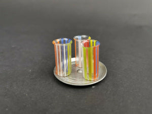 Vintage German Miniature Blown Glass Drinking Glasses Set and Metal Serving Tray for Doll House 1920's Made in Germany Rare