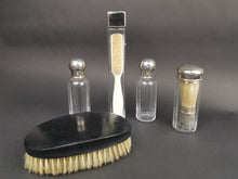 Load image into Gallery viewer, Antique Traveling Travel Bottles Toiletry Set Glass and Silver Metal with Moustache and Shaving Brush Inside Victorian Edwardian 1800 - 1900
