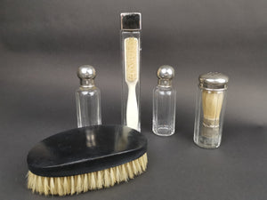 Antique Traveling Travel Bottles Toiletry Set Glass and Silver Metal with Moustache and Shaving Brush Inside Victorian Edwardian 1800 - 1900