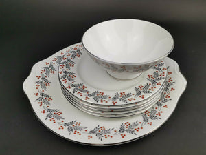 Vintage Royal Albert Rowan Design Bone China Plates Platter and Bowl Tableware Serving Set Art Deco 1930's Original White Red and Black