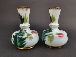 Antique Posy Flower Vases Set Pair of 2 White Milk Glass with Hand Painted Flowers and Gold Paint Late 1800's Original Victorian