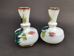Antique Posy Flower Vases Set Pair of 2 White Milk Glass with Hand Painted Flowers and Gold Paint Late 1800's Original Victorian